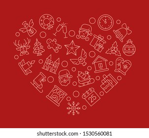 Xmas attributes in heart shape linear vector illustration. Christmas outline signs decorative composition. Holiday themed thin line icons isolated on red background. Traditional winter season symbols