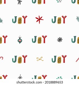 Xmas Background With Caramel Cane, Branches, Christmas Ball, Snowflake, Star, Tied Bow, JOY Lettering. Vector Seamless Pattern. Minimalistic Hand-drawn Print For Textile, Wrapping Paper, Gifts.