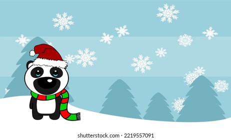 xmas background chibi standing baby panda bear cartoon illustration postal in vector format