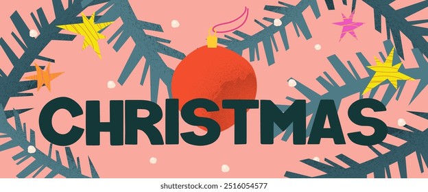 Fundo de Natal com árvore de Natal e textura de grãos de bola. Feriado banner saudação capa xmas design. Modelo brilhante de grão. Ilustração vetorial