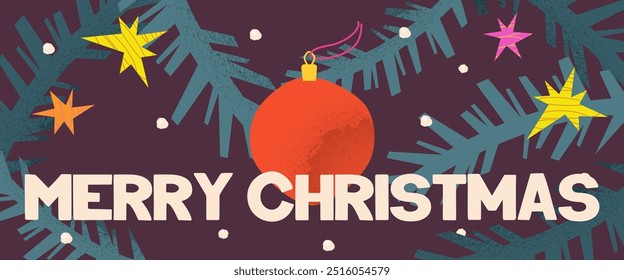 Xmas background with Christmas tree and ball grain texture. Holiday banner greeting cover xmas design. Grain bright template. Vector illustration