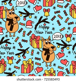 Xmas background with cute dog, tree, bells, gifts and hats. Merry Christmas and Happy New Year. 