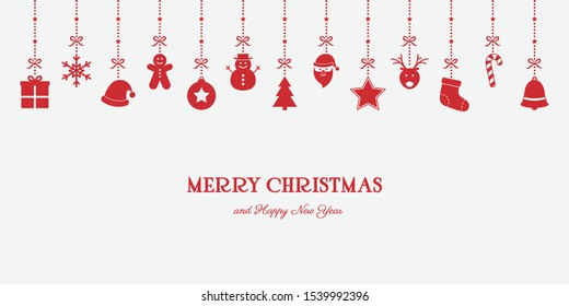 Xmas background with decorations. Hanging Christmas icons with text. Vector