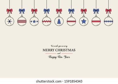 Xmas background with decorations. Hanging Christmas balls with text. Vector