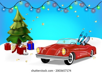 Xmas background design of gift boxes, red convertible, holiday decorative items.Christmas poster, holiday banner, flyer, stylish brochure, greeting card	