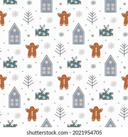 Xmas background. Gingerbread man, gift box, house, christmas tree, snowflakes isolated on white background. Vector seamless pattern. Winter holidays design for textile, wrapping paper, gifts, linen.