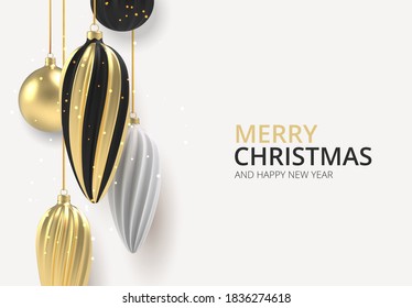Xmas background Gold and black Christmas ball in realistic style on white background. Vector illustration