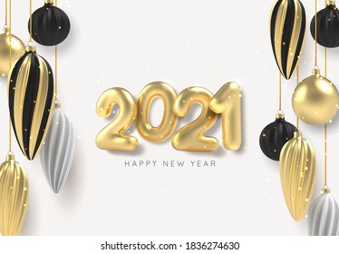 Xmas background Gold and black Christmas ball in realistic style on white background. Vector illustration
