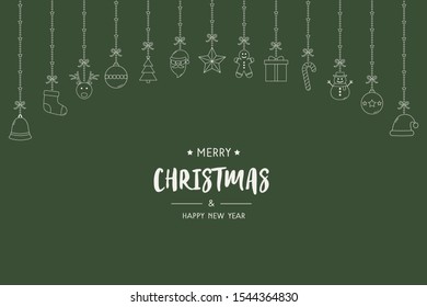 Xmas background with hanging ornaments and greetings. Christmas decorations. Vector