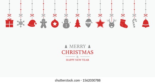 Xmas background with hanging ornaments and greetings. Christmas decorations. Vector