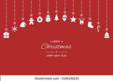 Xmas background with ornaments. Hanging Christmas icons with wishes. Vector