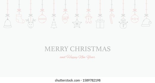 Xmas background with ornaments. Hanging Christmas icons with wishes. Vector