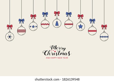 Xmas background with ornaments. Hanging Christmas balls with wishes. Vector