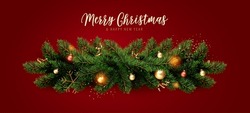 Xmas Background With Season Wishes. Christmas Border Of Christmas Tree Branches With Glitter Golden Confetti And Balls. Realistic Vector Illustration.