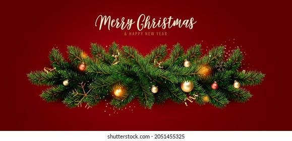 Xmas background with Season Wishes. Christmas border of Christmas tree branches with glitter golden confetti and balls. Realistic vector illustration.