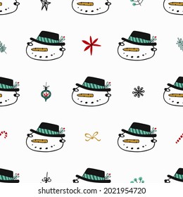 Xmas background with smiling snowman in hat and candy cane, branches, christmas ball, snowflake, star, tied bow. Vector seamless pattern. Xmas Design for textile, wrapping paper, gifts.
