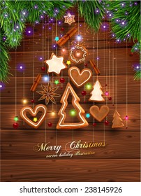 Xmas Background. Wood Texture. Christmas Balls. Xmas Lights, Christmas Cookies. Spruce Twigs