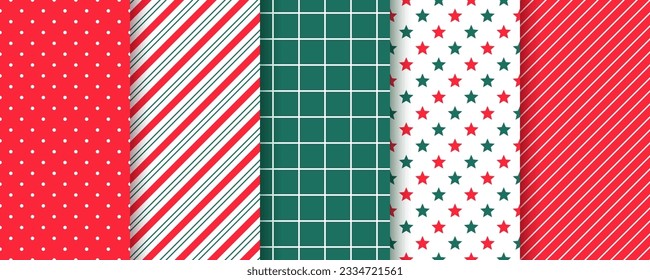 Fondos de Navidad. Patrón de Navidad sin fisuras. Papel de embalaje de año nuevo con punto de polka, rayas de caña de caramelo, estrellas y cheque. Colección de texturas festivas. Huellas textiles verdes rojas. Ilustración del vector