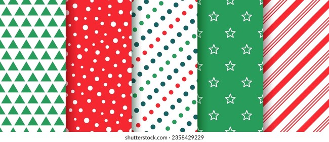 Fondos de Navidad. Patrón de Navidad sin fisuras. Impresiones de año nuevo con rayas, círculos, estrellas, triángulo. Establecer texturas de vacaciones. Papeles de envoltura festivos de colección. Fondo rojo, verde. Ilustración del vector