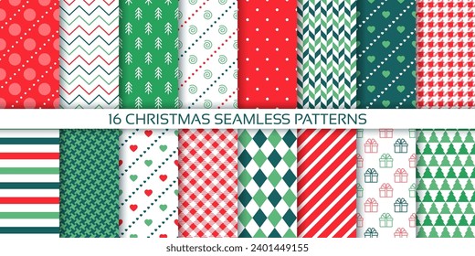 Xmas backgrounds. Christmas seamless pattern. New year packing paper with polka dot, tree, stripes, houndstooth and check. Collection festive textures