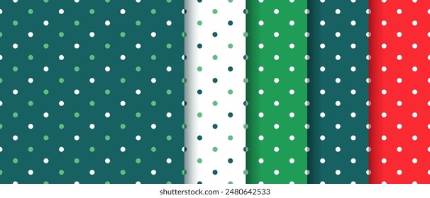Xmas backgrounds. Christmas seamless pattern with polka dot. Dotted New year prints. Set holiday red green textures. Collection festive wrapping papers. Geometric backdrops. Vector illustration