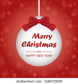 Xmas ball on red background with soft blur bokeh light effect and copy space for greeting card, website, poster, header, banner. Merry Christmas and Happy New Year concept. Vector illustration.