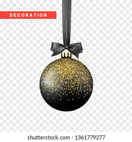 Xmas balls black and gold color. Christmas bauble decoration elements. Object isolated a background with transparency effect