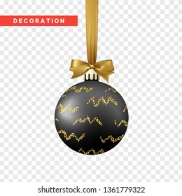 Xmas balls black and gold color. Christmas bauble decoration elements. Object isolated a background with transparency effect