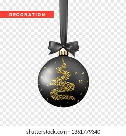 Xmas balls black and gold color. Christmas bauble decoration elements. Object isolated a background with transparency effect