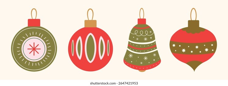 Xmas balls in flat, minimalist style. Christmas baubles set with trendy geometric ornament. Merry Christmas background for greeting card, decorations, gift, poster. Hand drawn Isolated vector illustra