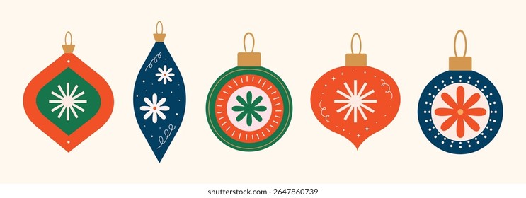 Xmas balls in flat, minimalist style. Christmas baubles set with trendy geometric ornament. Merry Christmas background for greeting card, decorations, gift, poster. Hand drawn Isolated vector illustra