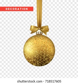 Xmas balls gold color. Christmas bauble decoration elements. Object isolated a background with transparency effect