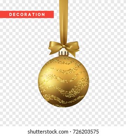 Xmas Balls Gold Color. Christmas Bauble Decoration Elements. Object Isolated A Background With Transparency Effect