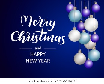 A lot of xmas balls on a blue background. Merry Christmas lettering. Vector illustation