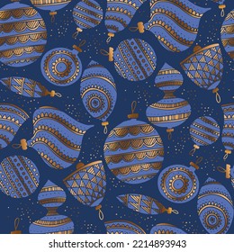 Xmas balls pattern. Christmas ornaments seamless pattern. Blue and gold decoration. Wrap paper, textile, surface pattern design.