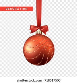 Xmas balls red color. Christmas bauble decoration elements. Object isolated a background with transparency effect