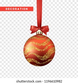 Xmas balls red and gold color. Christmas bauble decoration elements. Object isolated a background with transparent effect