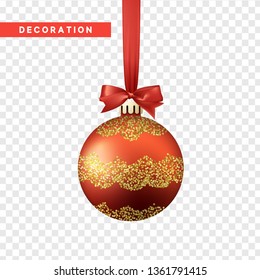 Xmas balls red and gold color. Christmas bauble decoration elements. Object isolated a background with transparency effect