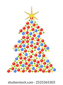 Xmas balls shaped Christmas tree 2D cartoon object. Festive baubles fir tree with star. Evergreen newyear abstraction isolated element flat vector clipart on white background. Spot illustration