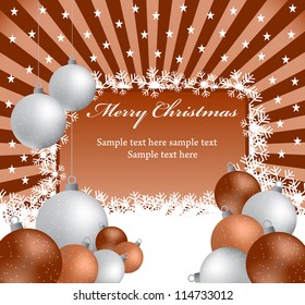 Xmas balls in silver and brown on a sunburst background. Copy space for text. Raster also available.