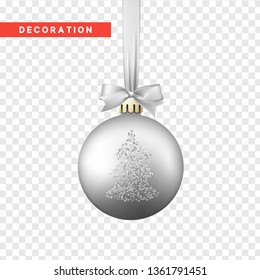 Xmas balls silver color. Christmas bauble decoration elements. Object isolated a background with transparency effect