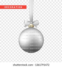 Xmas balls silver color. Christmas bauble decoration elements. Object isolated a background with transparency effect