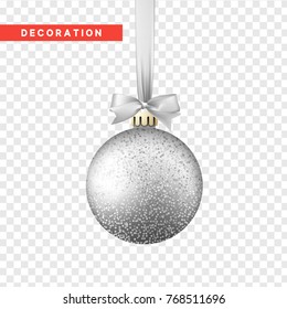 Xmas balls silver color. Christmas bauble decoration elements. Object isolated background with a transparency effect