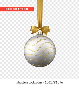 Xmas balls silver and gold color. Christmas bauble decoration elements. Object isolated a background with transparency effect