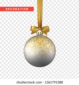 Xmas balls silver and gold color. Christmas bauble decoration elements. Object isolated a background with transparency effect