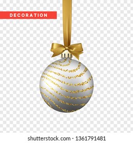 Xmas balls silver and gold color. Christmas bauble decoration elements. Object isolated a background with transparency effect