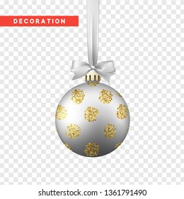 Xmas balls silver and gold color. Christmas bauble decoration elements. Object isolated a background with transparency effect