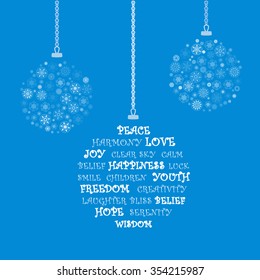 Xmas balls with snowflakes and text. Christmas wishes.  Vector illustration.