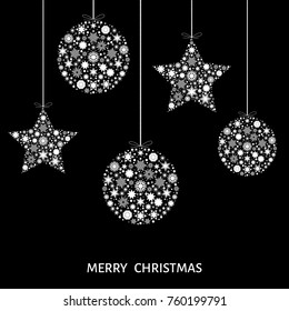 Xmas balls and stars. Christmas white  tree decoration  on black  background. Happy New Year.  Vector template  for greeting  card or party invitation. 