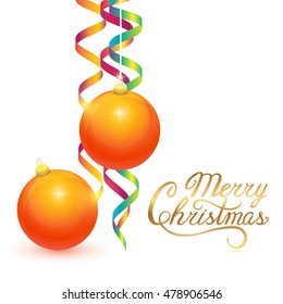 Xmas balls, Streamers background. Merry Christmas lettering. Vector Illustration